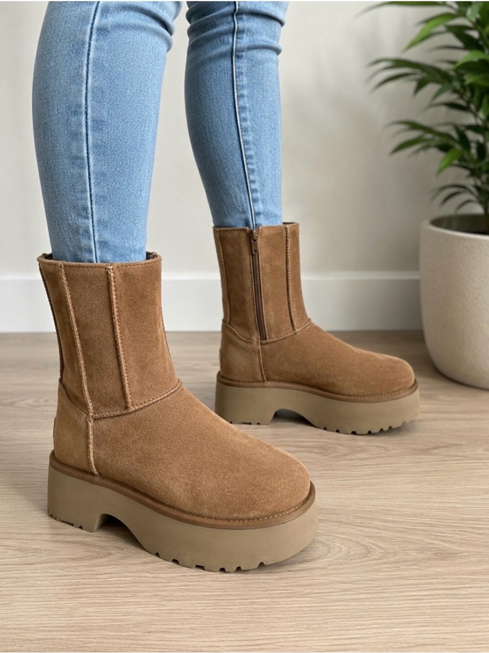UGG Chestnut Suede Platform Mid-Calf Boots